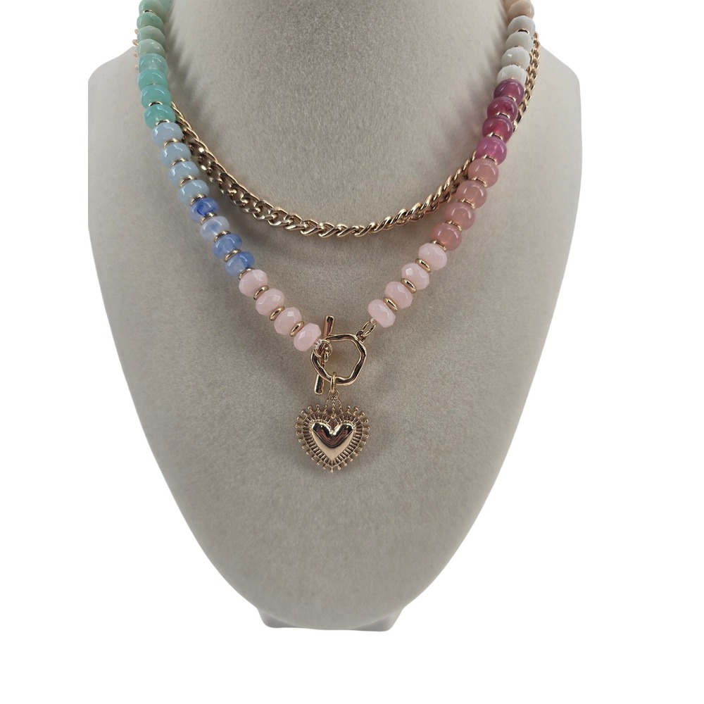 Necklace Womens OS Layered Heart Charm Beaded Gold Tone Multicolor EUC